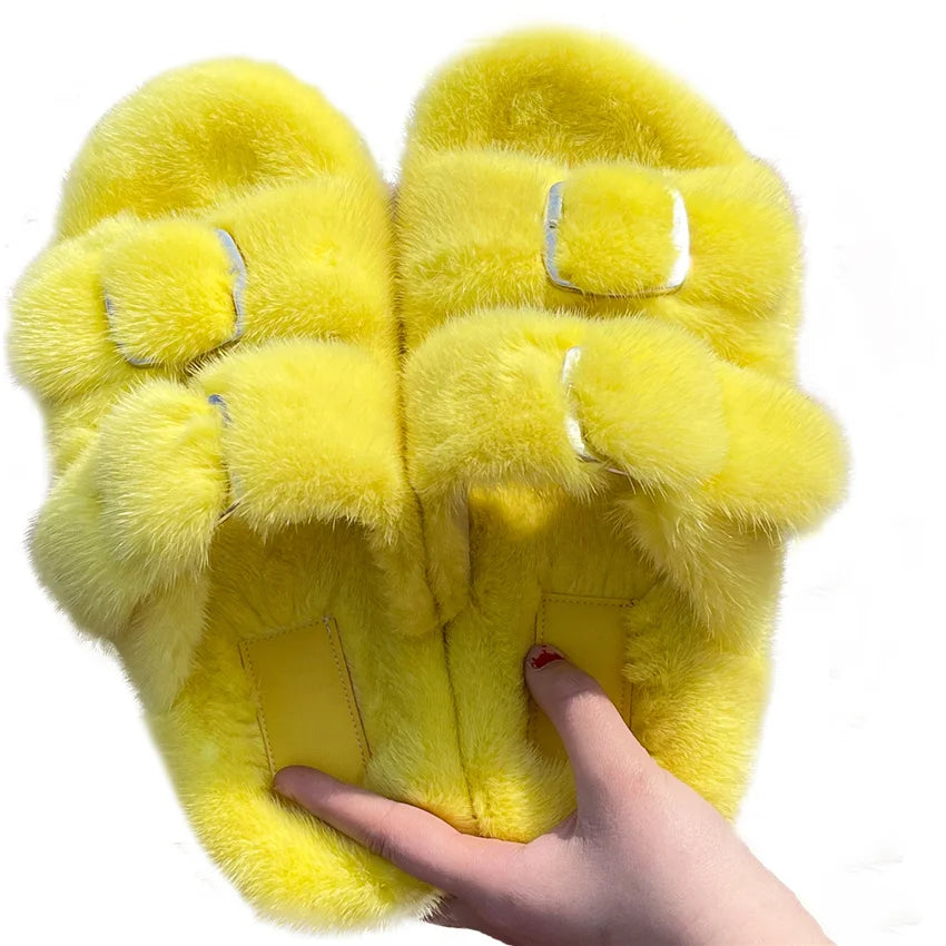 2024 New Women Fur Slippers Shoes Women Warm Winter Natural Fur Shoes For Women Slippers Casual Plush Comfortable Mink Slippers