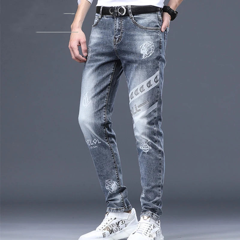 Black Jeans For Men Fashion High Street Slim Printing Denim Man Pants Autumn Stretchy Casual Biker High Quality Men's Clothing