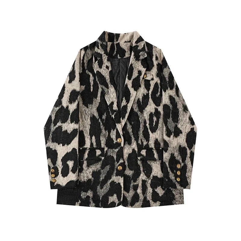 Leopard Print Women Jacket Autumn Winter Chic Office Lady Coat 2024 New Vintage Fashion Long Sleeve Pocket Female Blazers Jacket