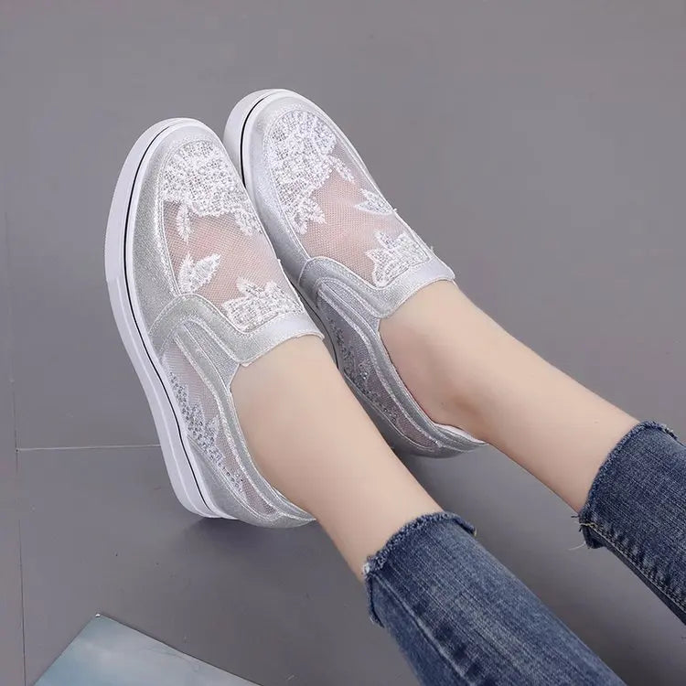 Comfortable Women Loafers Shoes Lace Slip On Walking Shoes White Sneakers Casual Shoes Ballet Flats Platform Shoes Rhinestone