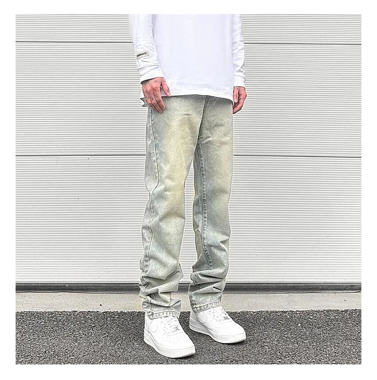 Streetwear Vibe Vintage Distressed Washed Trousers Jeans Yellow Mud Dyed Zipper Split Straight Jeans Men's and Women's Clothing