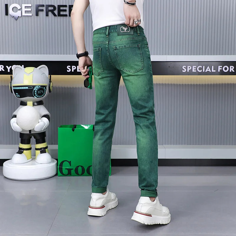 Emerald green jeans men's high-end affordable luxury fashion slim fit stretch personality all-matching straight long pants