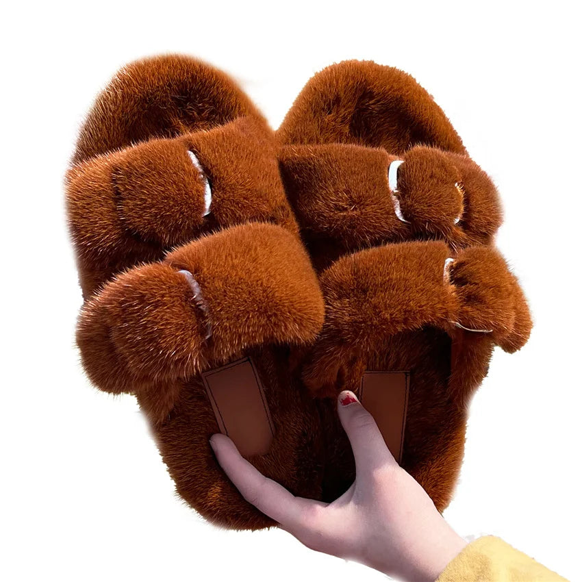 2024 New Women Fur Slippers Shoes Women Warm Winter Natural Fur Shoes For Women Slippers Casual Plush Comfortable Mink Slippers