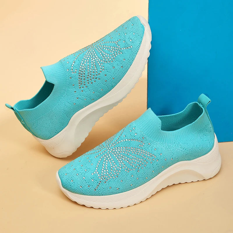 Rhinestone Butterfly Knitting Sneakers Women Platform Breathable Mesh Walking Shoes Woman Fashion Elastic Slip On Sock Sneakers