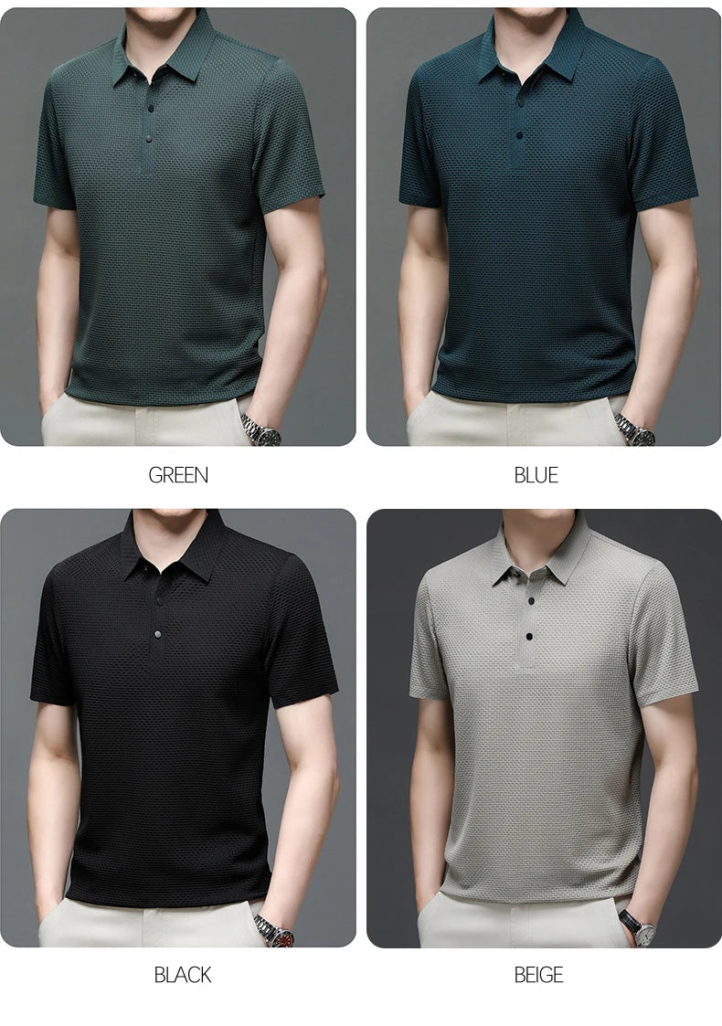 Summer New Men's Lop-up Hollow Short-sleeved Polo Shirt Ice Silk Breathable Business Fashion T-Shirt Male Brand Clothes