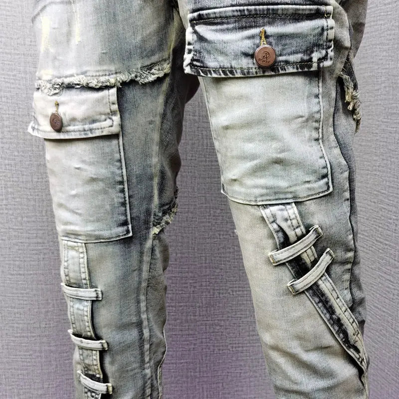 Autumn Winter 2022 New Broken Denim Jean Men's Patch Slim Feet Fashion Retro Cargo Pants Vintage Pantalon Skinny Homme Jeans