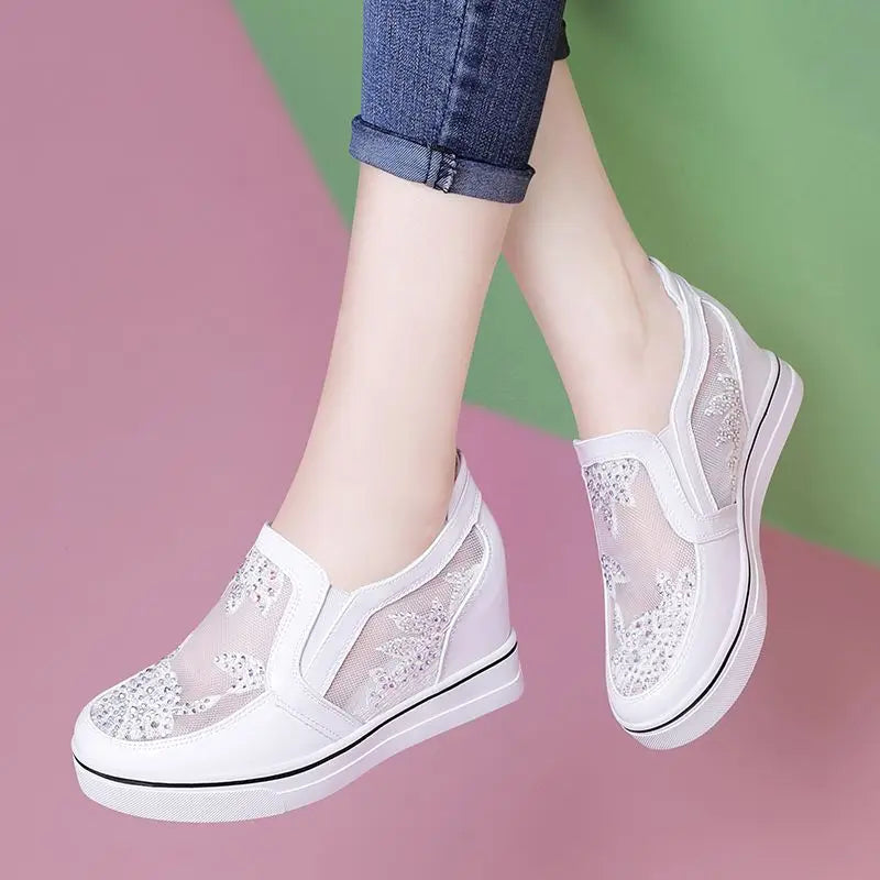 Comfortable Women Loafers Shoes Lace Slip On Walking Shoes White Sneakers Casual Shoes Ballet Flats Platform Shoes Rhinestone