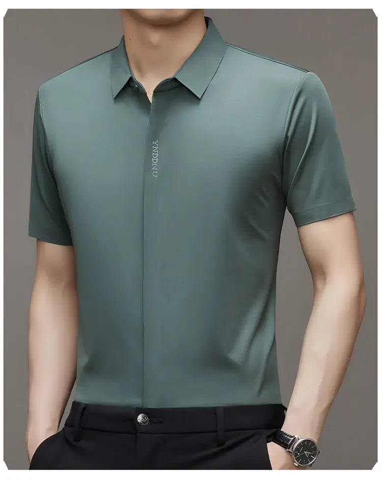 Summer Smart Casual Short Sleeved Men's Shirt Men's Solid Square Neck Button Embroidered Letter High End Wrinkle Resistant Tops