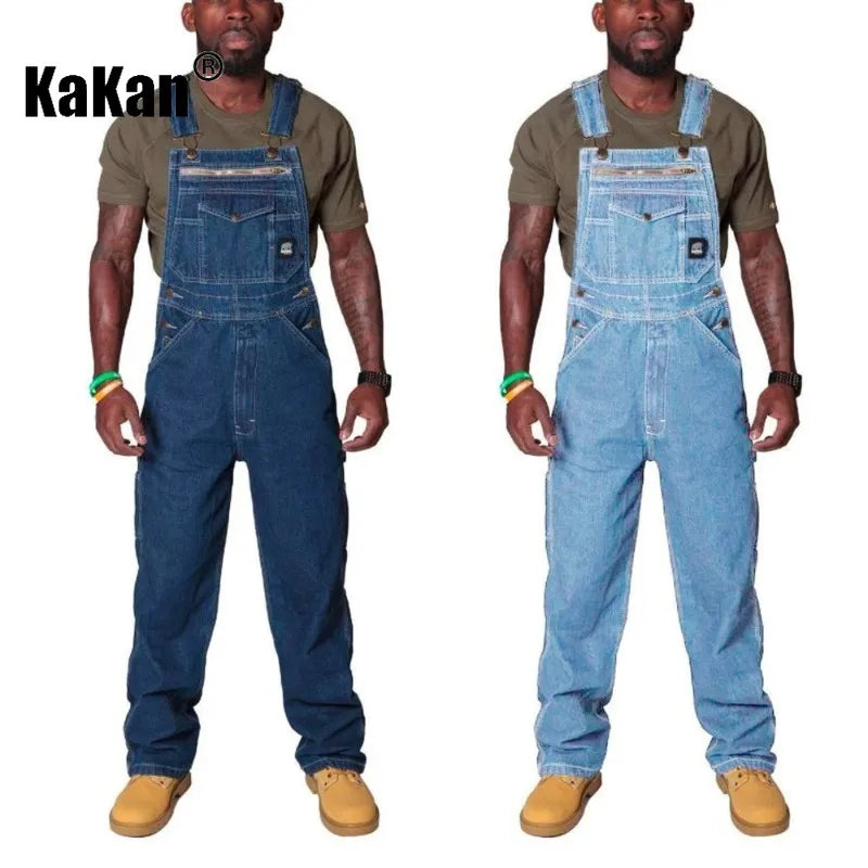 Kakan - New European and American Men's Shoulder Strap Jeans Men's Clothing, Blue Multi Pocket Torn Jumpsuit Long Jeans K34-722