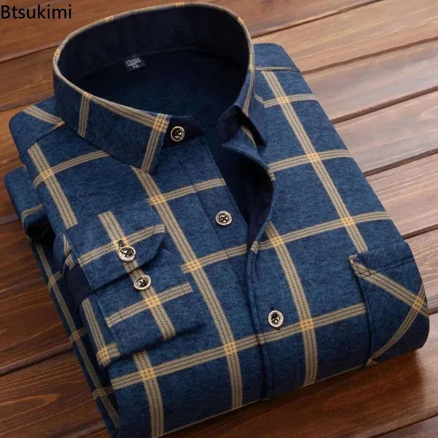 2024 Men's Autumn Winter Casual Fleece Plaid Shirt Fashion Soft Warm Turn Down Collar Long Sleeve Shirt Male High-Quality Tops