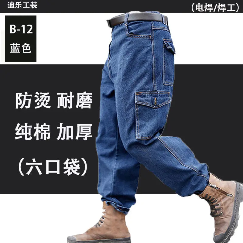 Overalls Pants Men's Clothing Trousers Wear-Resistant Anti-Scald Thickening Cotton Workwear Denim Work Pants Multiple pockets