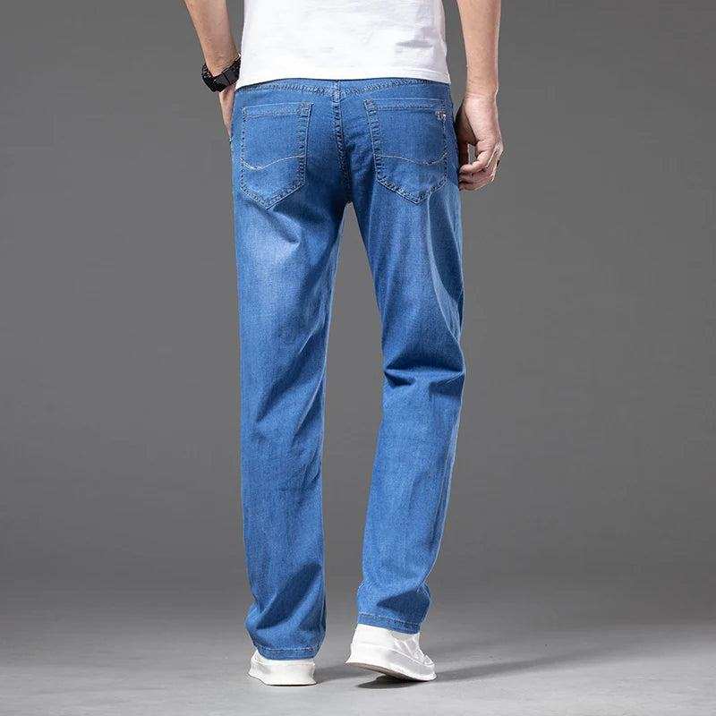 Large Size Men's Stretch Thin Jeans Summer Classic Black Blue Business Casual Straight Denim Pants Baggy Trousers 44 46