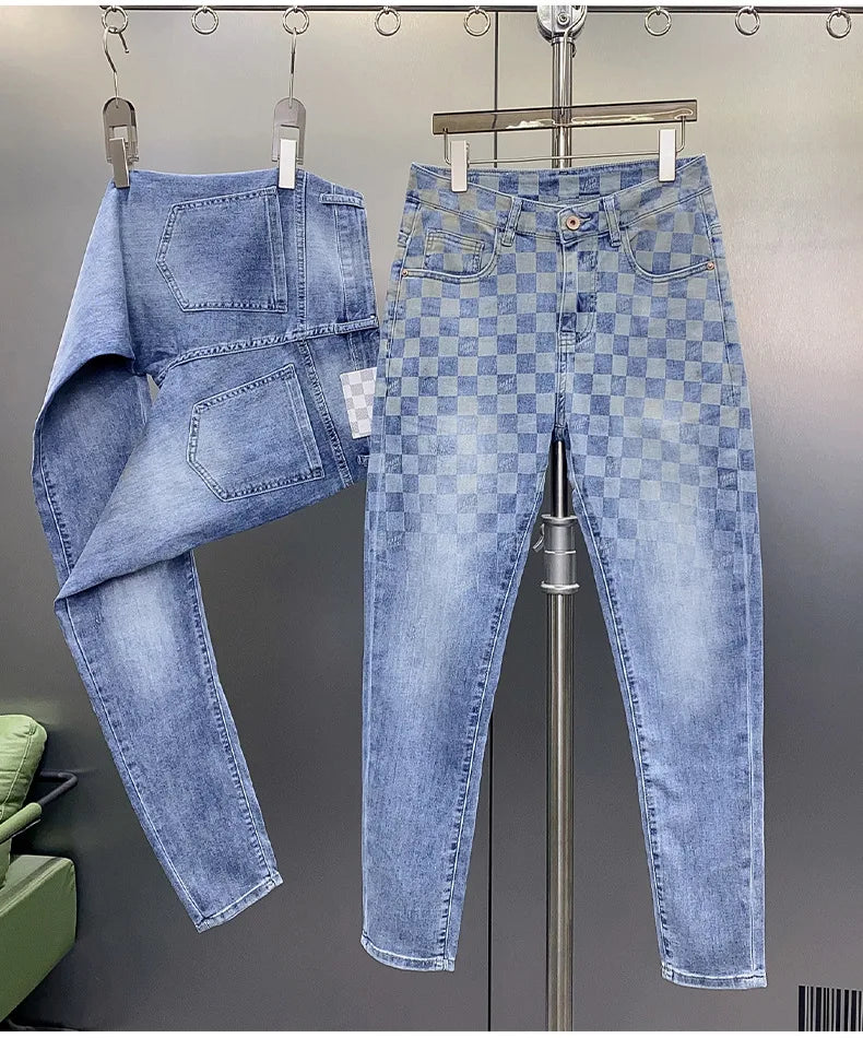 New Jeans Men'S Plaid Print Straight Fit Men'S Pants Blue Fashion Designer Casual Everything With Street Cotton Denim Pants