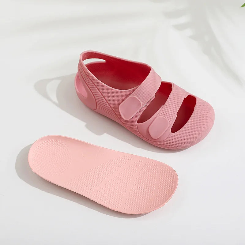 Children Sandals Hollow Out Closed Toe Beach Shoes Breathable Candy Color Roman Sandals for Boys Girls Soft Non-slip Kids Shoes