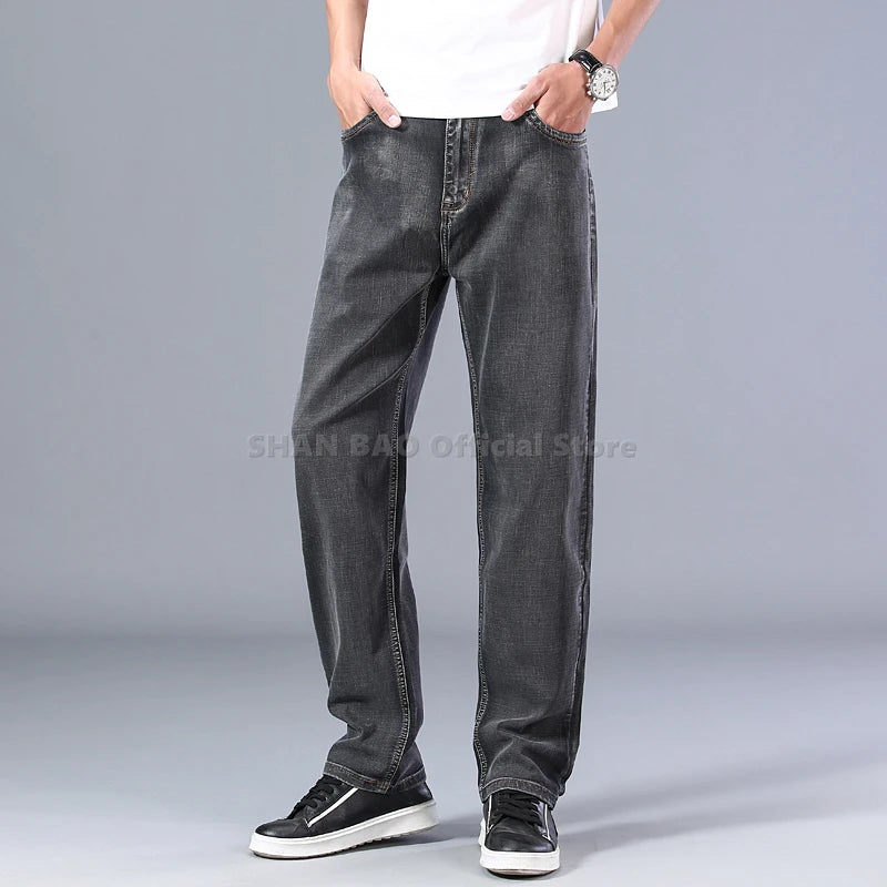 SHAN BAO cotton stretch men's straight loose loose summer thin jeans 2022 spring classic brand casual lightweight jeans blue