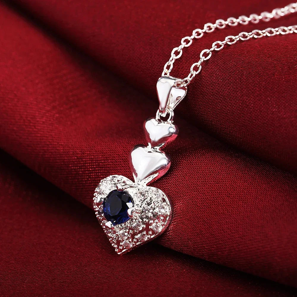 925 Sterling Silver Blue crystal heart pendant necklace earrings Jewelry sets for Woman fashion party wedding accessories gifts