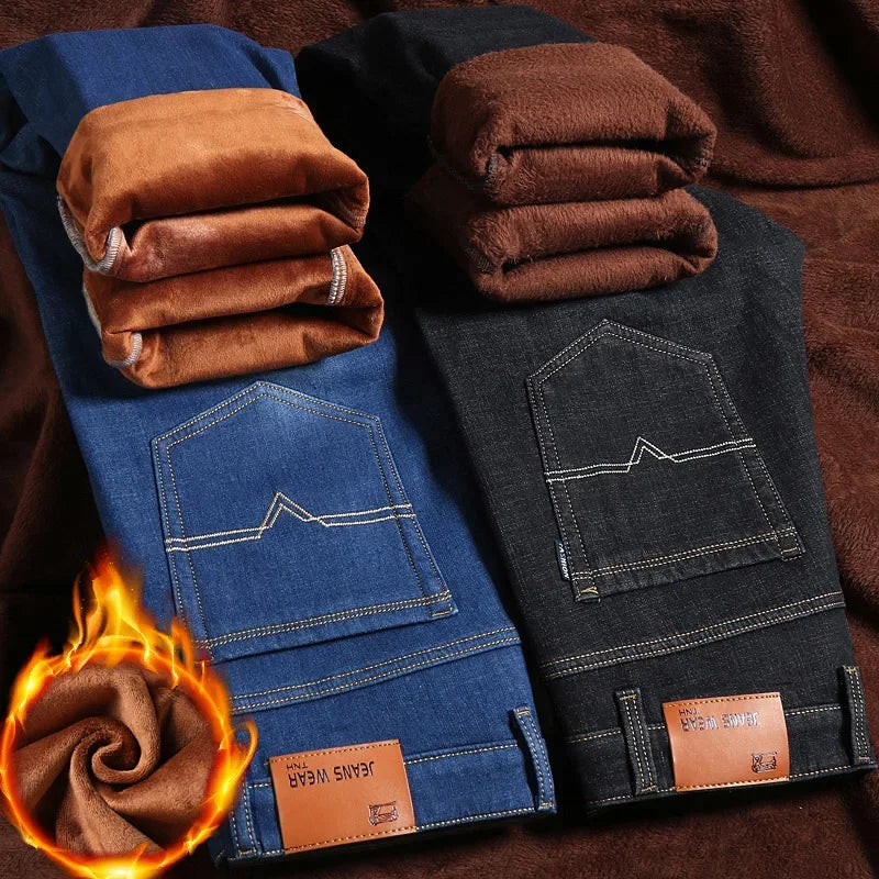 2024 Winter New Casual Men's Warm Fleece Jeans Classic Style Business Thicken Fur Regular Fit Denim Pants Brand Plush Trousers