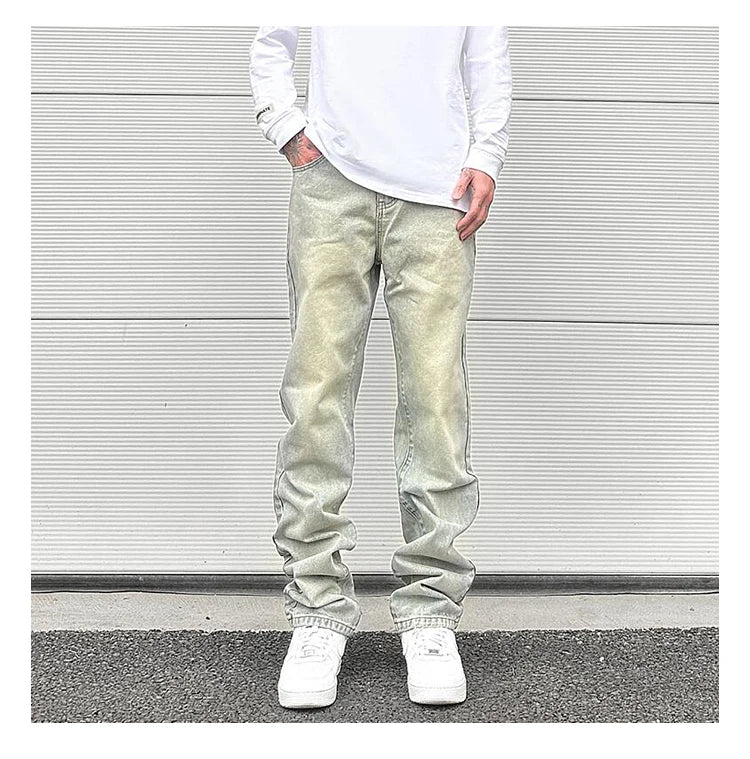 Streetwear Vibe Vintage Distressed Washed Trousers Jeans Yellow Mud Dyed Zipper Split Straight Jeans Men's and Women's Clothing