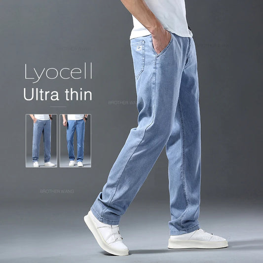 Lyocell Ice Silk Jeans Men's Summer Ultra-thin Loose Straight Denim Pants Soft Comfortable Brand Male Light Blue Trousers