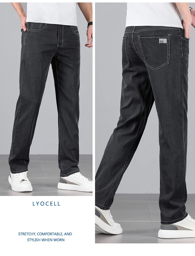 4 Colors New Lyocell Jeans Men's Clothing Thin Stretch Straight Business Casual Denim Pants Loose Cotton Trousers Male