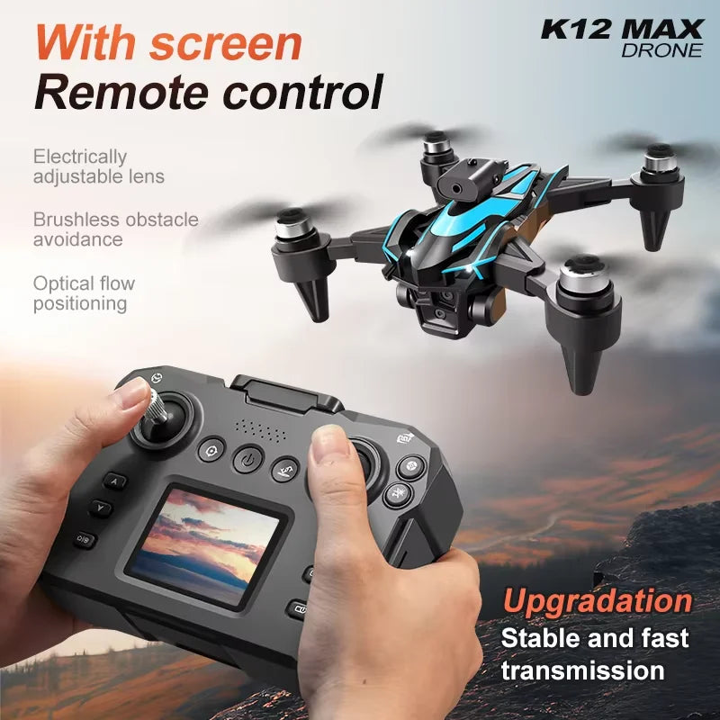 New Upgrade K12 Max Screen 8k Hd Three Camera Mini Drone Fpv Rc Quadcopte Brushless Obstacle Avoidance Aerial Uav Boy Toys