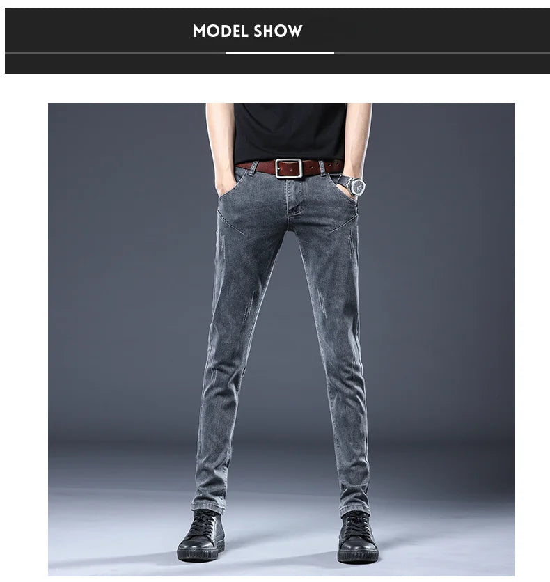 2024 New Gray Jeans Men's Slim Elastic Korean Fashion Vintage Casual Skinny Feet Male Clothing Denim Trousers 27-36