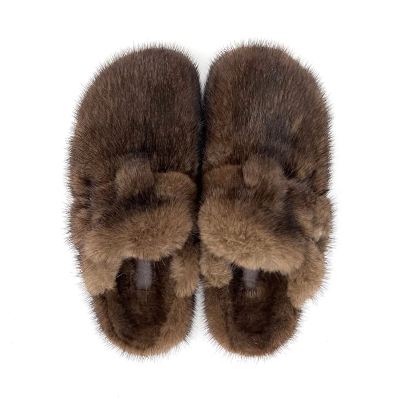 Real Leather Mink Fur Slippers Woman Luxury Flat Solid Color Horse Hair Round Toe Covered Toe Shoes Woman Designer Brand Casual