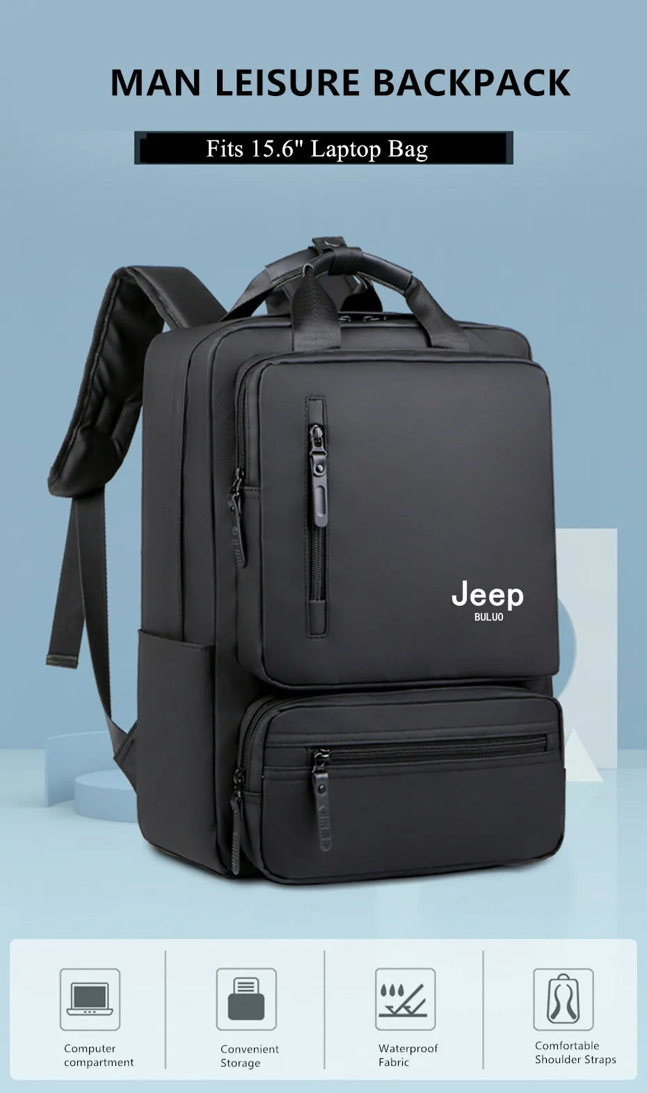 JEEP BULUO Trend Casual High Capacity Feature Backpack Computer New Men's Bag 15 inches Laptop Travel Nylon Bags For Man