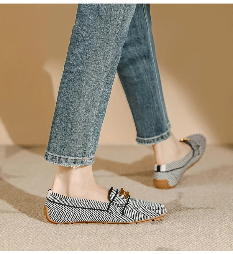 Women's Knitting Square Head Flat Shoes Soft Sole Comfortable Anti slip Casual Bean Causal Shoes 2024 Fashion New Spring