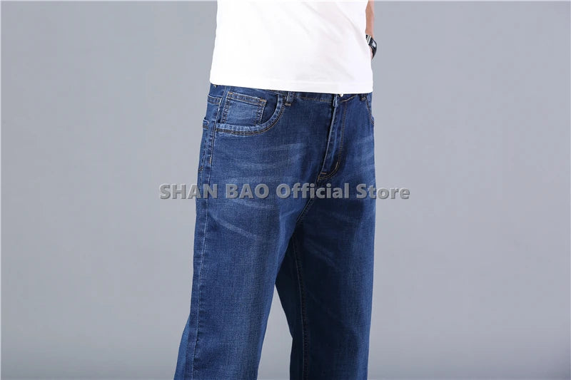 SHAN BAO cotton stretch men's straight loose loose summer thin jeans 2022 spring classic brand casual lightweight jeans blue