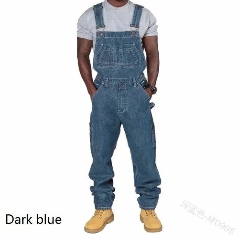 New Men's Denim Overalls Casual Multiple Pockets Loose Splice Straight Rompers Fashion Adjustable Suspenders Jeans For Male