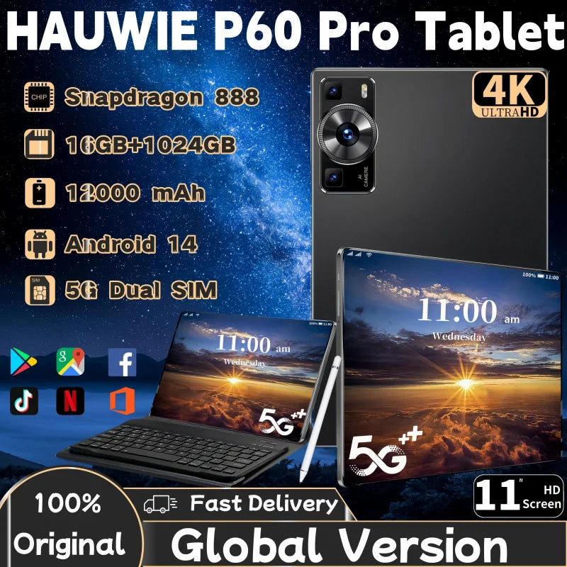 Global Version Original P60 Pro Tablet PC Android14 12000mAh 16GB+1TB 11 Inch Snapdrago888 5G Dual SIM Card WIFI HD 4K Mi Tablet