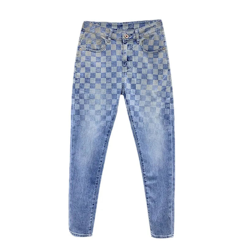 New Jeans Men'S Plaid Print Straight Fit Men'S Pants Blue Fashion Designer Casual Everything With Street Cotton Denim Pants