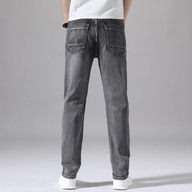 Cotton Stretch Jeans Business Casual Men's Thin Denim Jeans Grey Spring Summer Brand New Fit Straight Lightweight