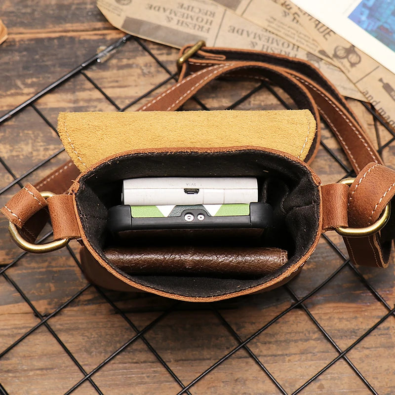 Crazy Horse Leather Small Vintage Sling Crossbody Bag Man Flap Locking Shoulder Bag Simple Men's Phone Key Pocket Bag