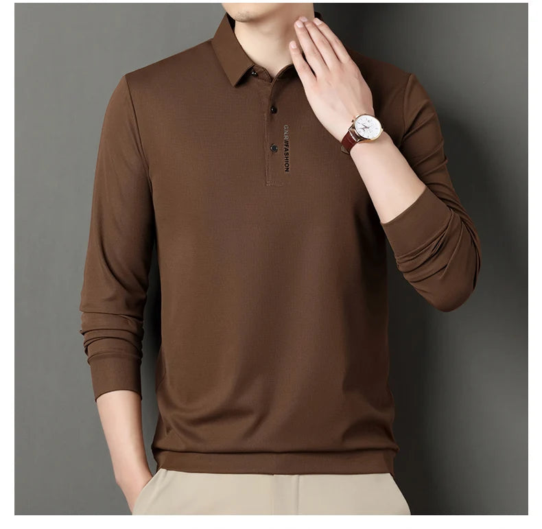 2024 Autumn New Men's Long-sleeved Polo Shirt Business Casual Slim Elastic Top Fashion Classic Solid Color Male Brand Tees