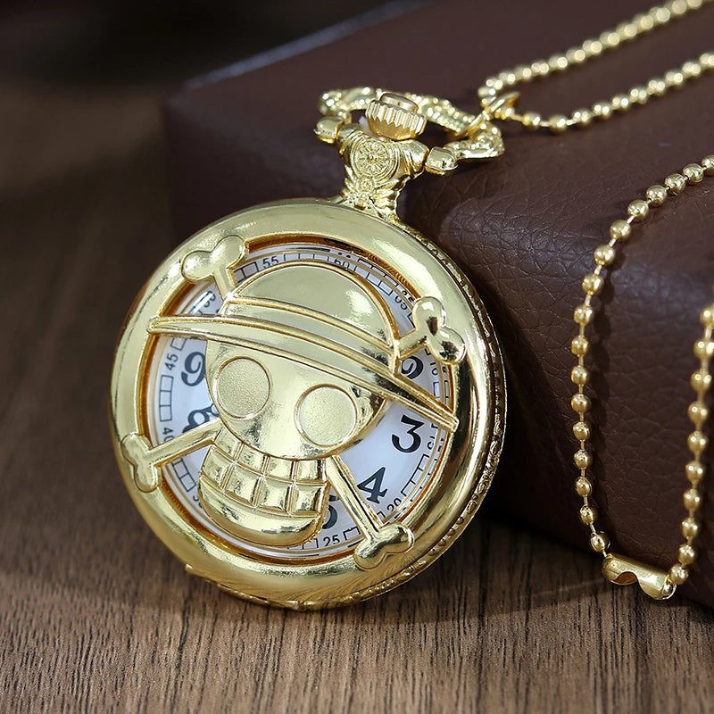 Fashion Gold Skull Head Hollow Out Quartz Pocket Watch with Necklace Chain Pendant Gift for Male Men Vintage Clock