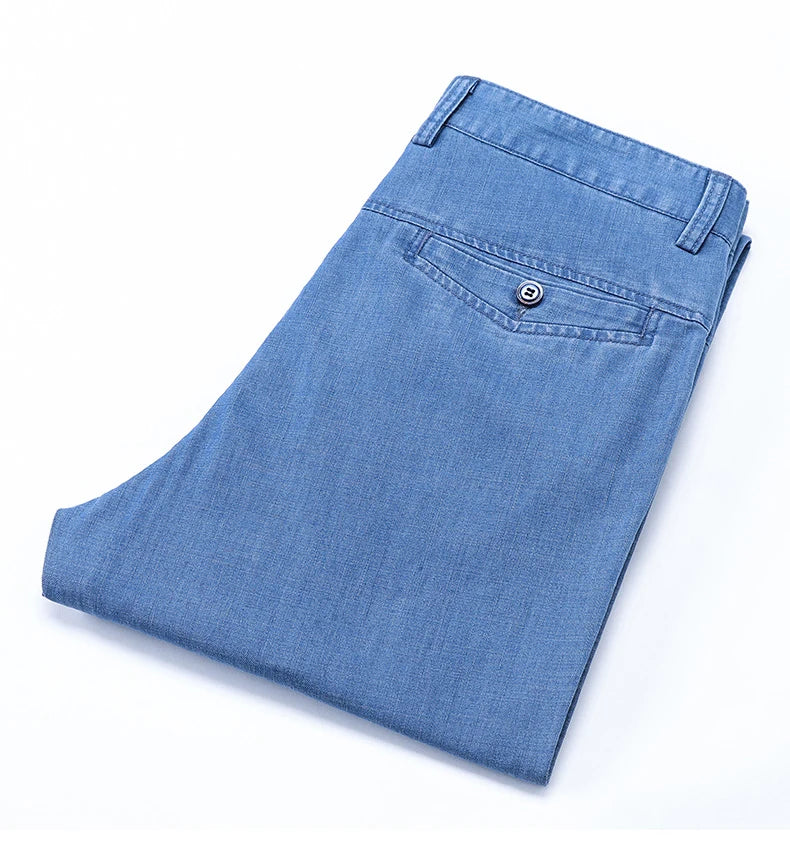 2023 Spring Summer New Men's Thin Light Blue Loose Jeans Business Fashion Lyocell Fabric Stretch Denim Trousers Male Brand Pants