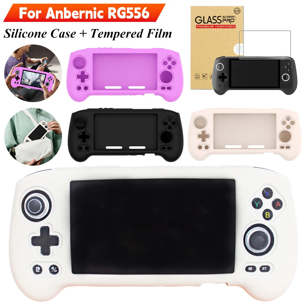 For Anbernic RG556 Game Console Silicone Protective Case Anti-Scratch Protective Protector Cover+1PCS 9H HD Screen Tempered Film