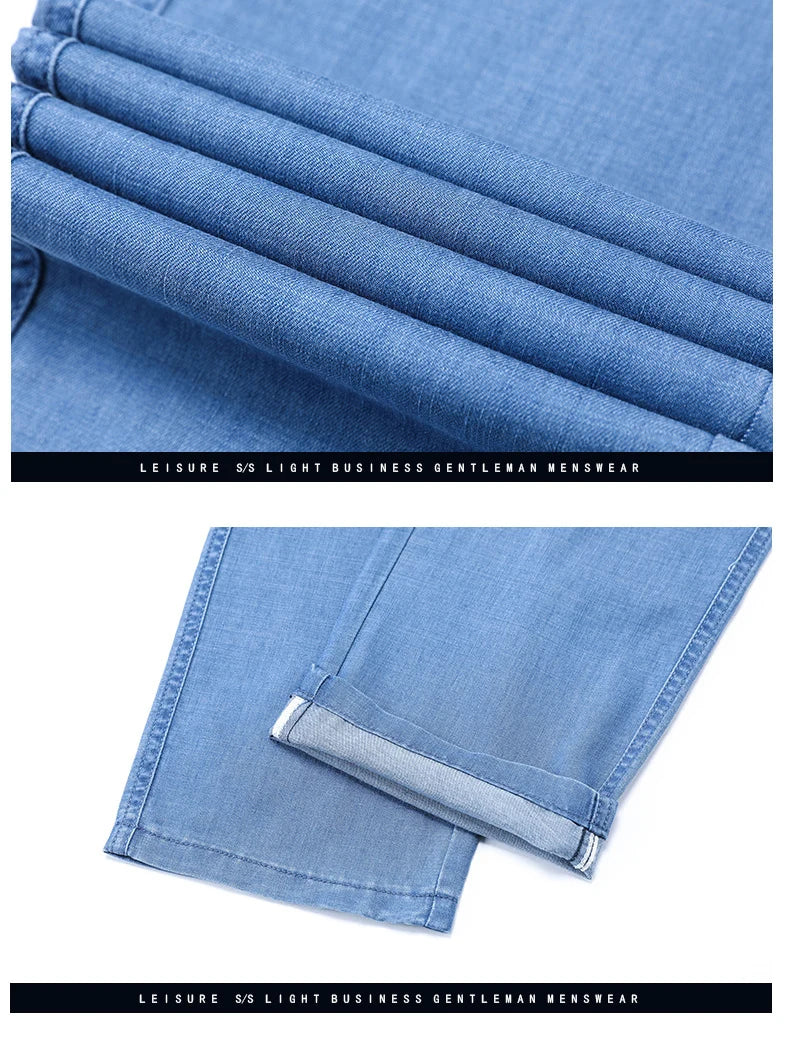 2023 Spring Summer New Men's Thin Light Blue Loose Jeans Business Fashion Lyocell Fabric Stretch Denim Trousers Male Brand Pants