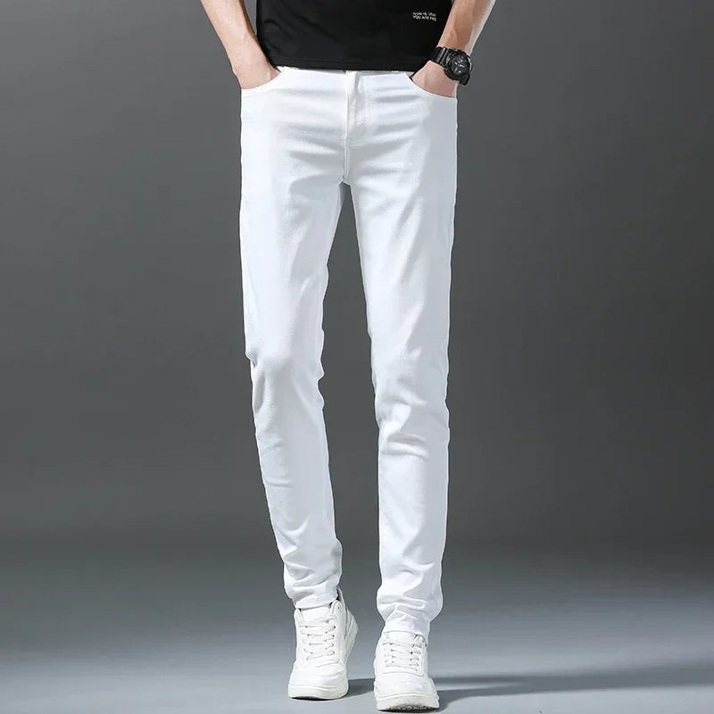 2024 Spring Summer New 98%Cotton Men's Slim Jeans Straight Casual Fashion Pencil Pants High Quality Trousers Male Clothes White