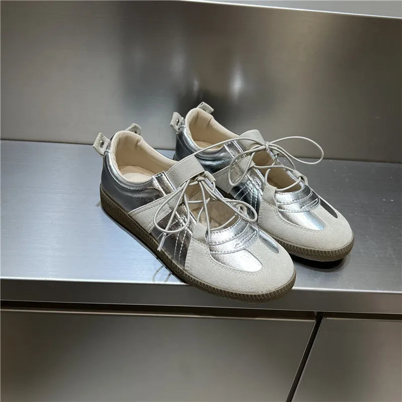 2024 Women Spring Summer New Soft Leather Korea Y2k Designer Casual Ballet Sports Athletic Training Flat Sneakers Female Shoes