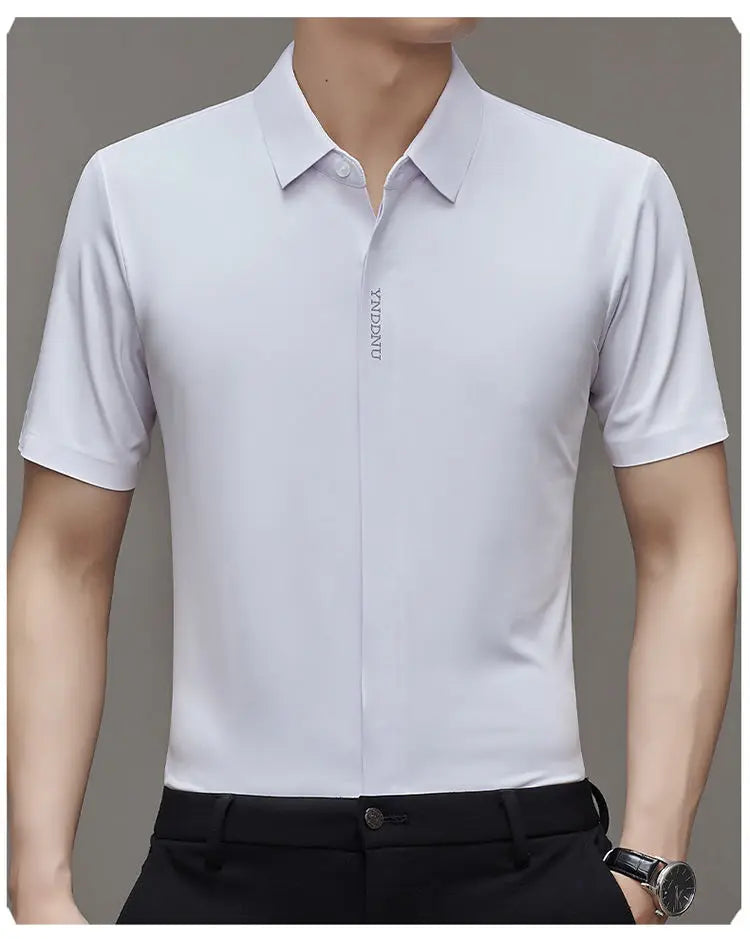 Summer Smart Casual Short Sleeved Men's Shirt Men's Solid Square Neck Button Embroidered Letter High End Wrinkle Resistant Tops