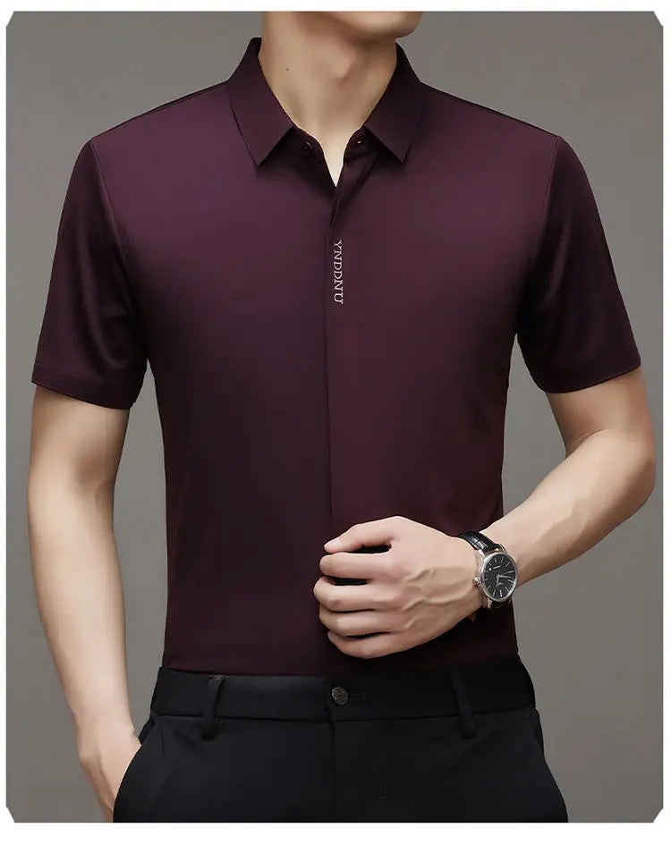 Summer Smart Casual Short Sleeved Men's Shirt Men's Solid Square Neck Button Embroidered Letter High End Wrinkle Resistant Tops