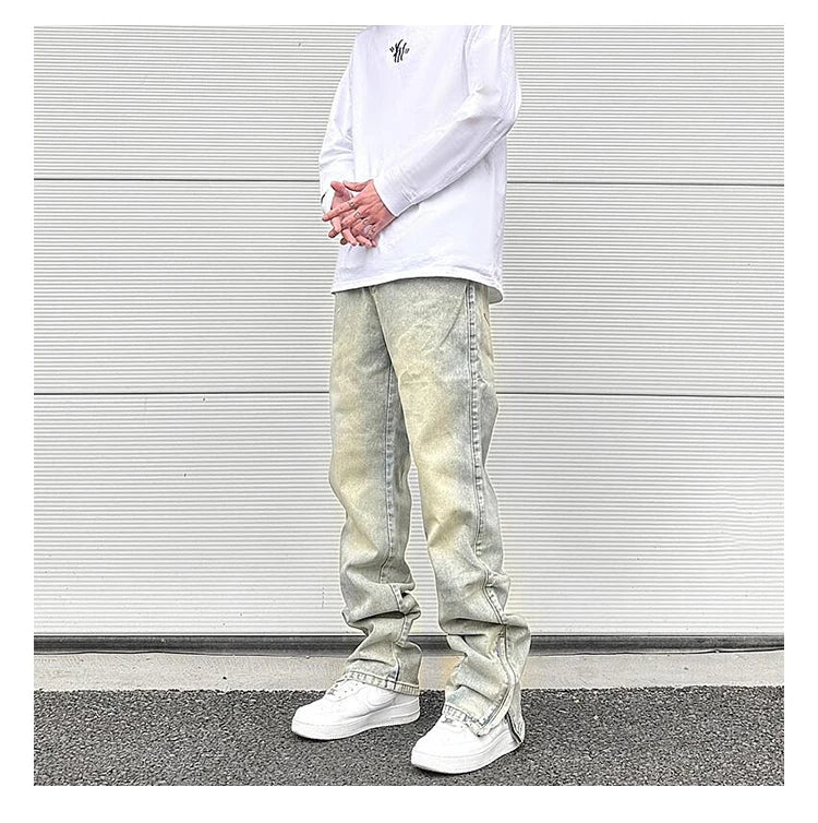 Streetwear Vibe Vintage Distressed Washed Trousers Jeans Yellow Mud Dyed Zipper Split Straight Jeans Men's and Women's Clothing