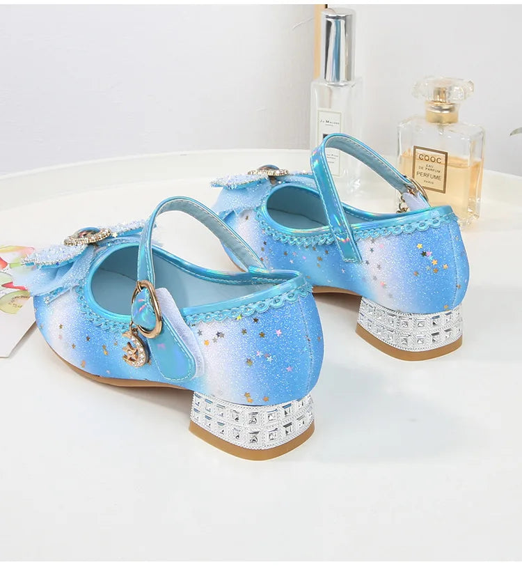 Disney Women Causal Shoes Children's High Heels Princess Elsa Girls' Shiny Rainbow Crystal Leather Pink Blue Shoes Size 23-36