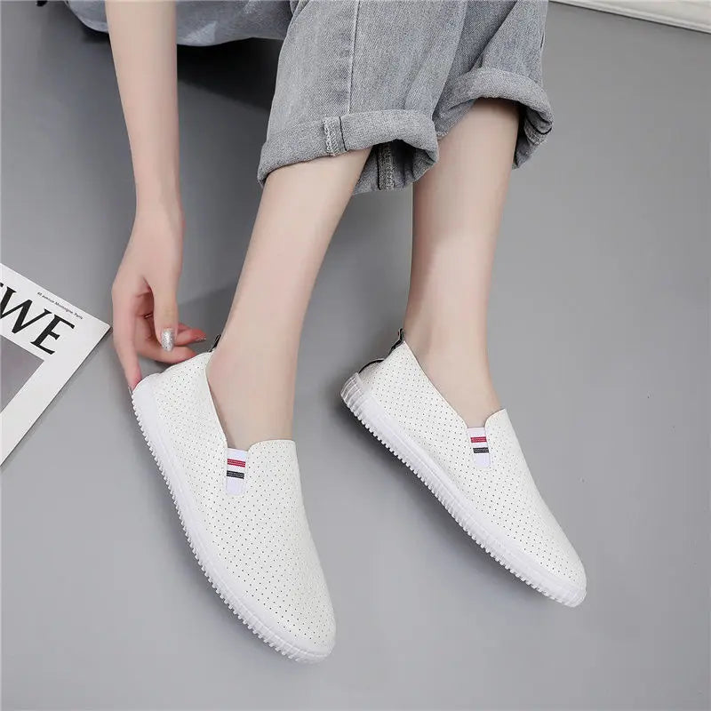 White Flats Cut-Out Woman Loafers Leather Slip on Shoes Low Heels Casual Shoes Espadrilles Ladies Shoes Women Sneakers