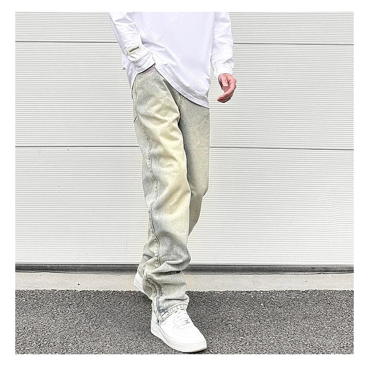 Streetwear Vibe Vintage Distressed Washed Trousers Jeans Yellow Mud Dyed Zipper Split Straight Jeans Men's and Women's Clothing