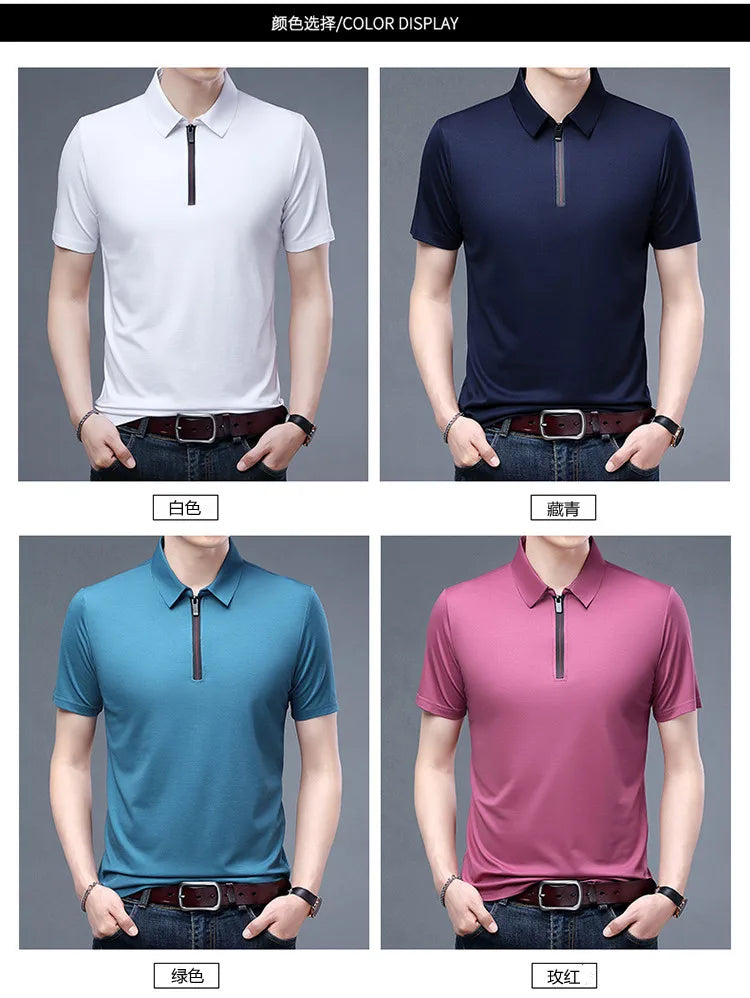 2023 Summer Men's Ice Silk Cool Polo Short Sleeve T-shirt Large Thin T-shirt Short Sleeve Polo Shirt Business Casual Shirt