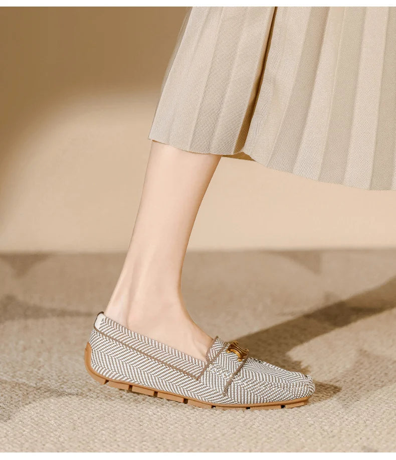 Women's Knitting Square Head Flat Shoes Soft Sole Comfortable Anti slip Casual Bean Causal Shoes 2024 Fashion New Spring